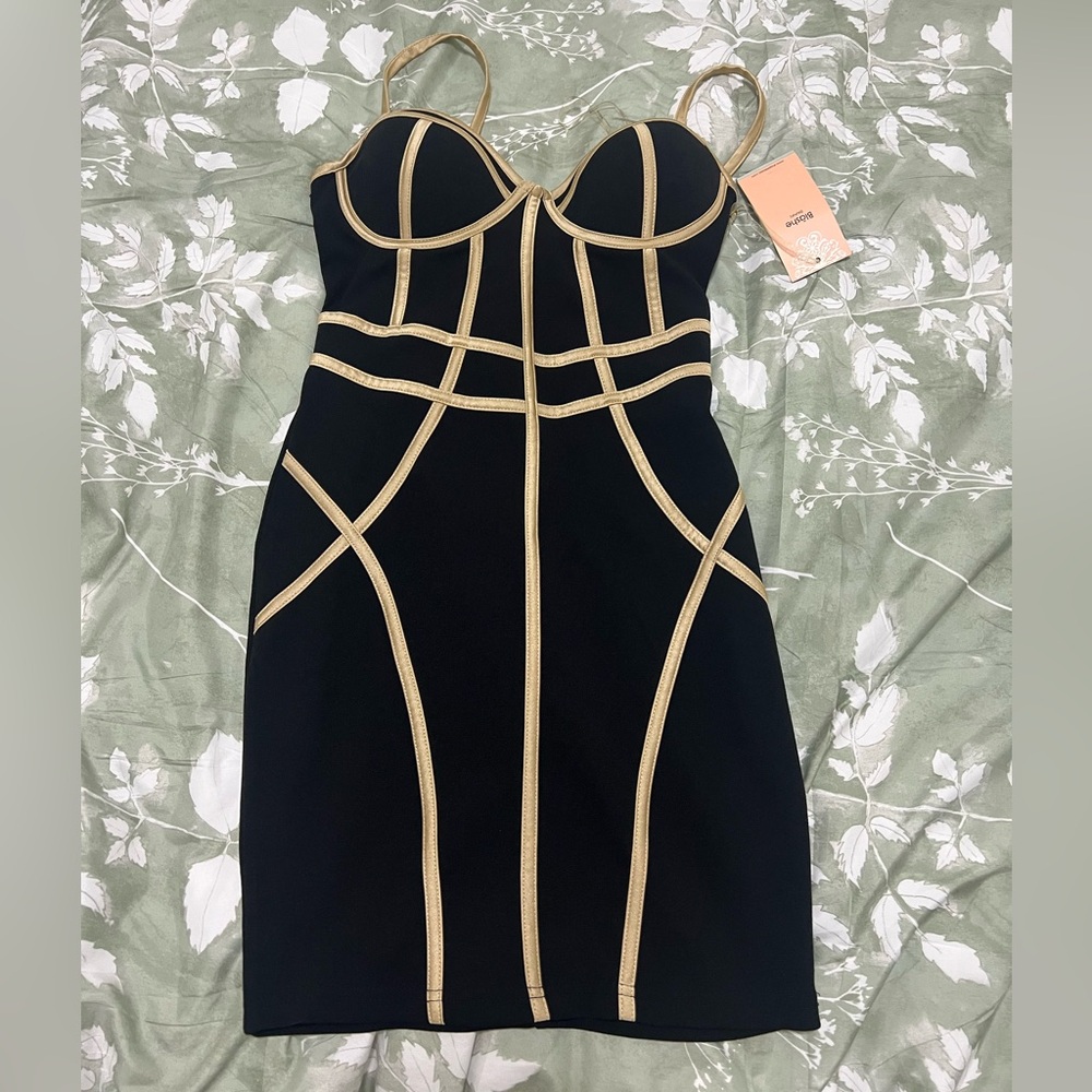 Black Bodycon Dress with Gold Contrast Trim